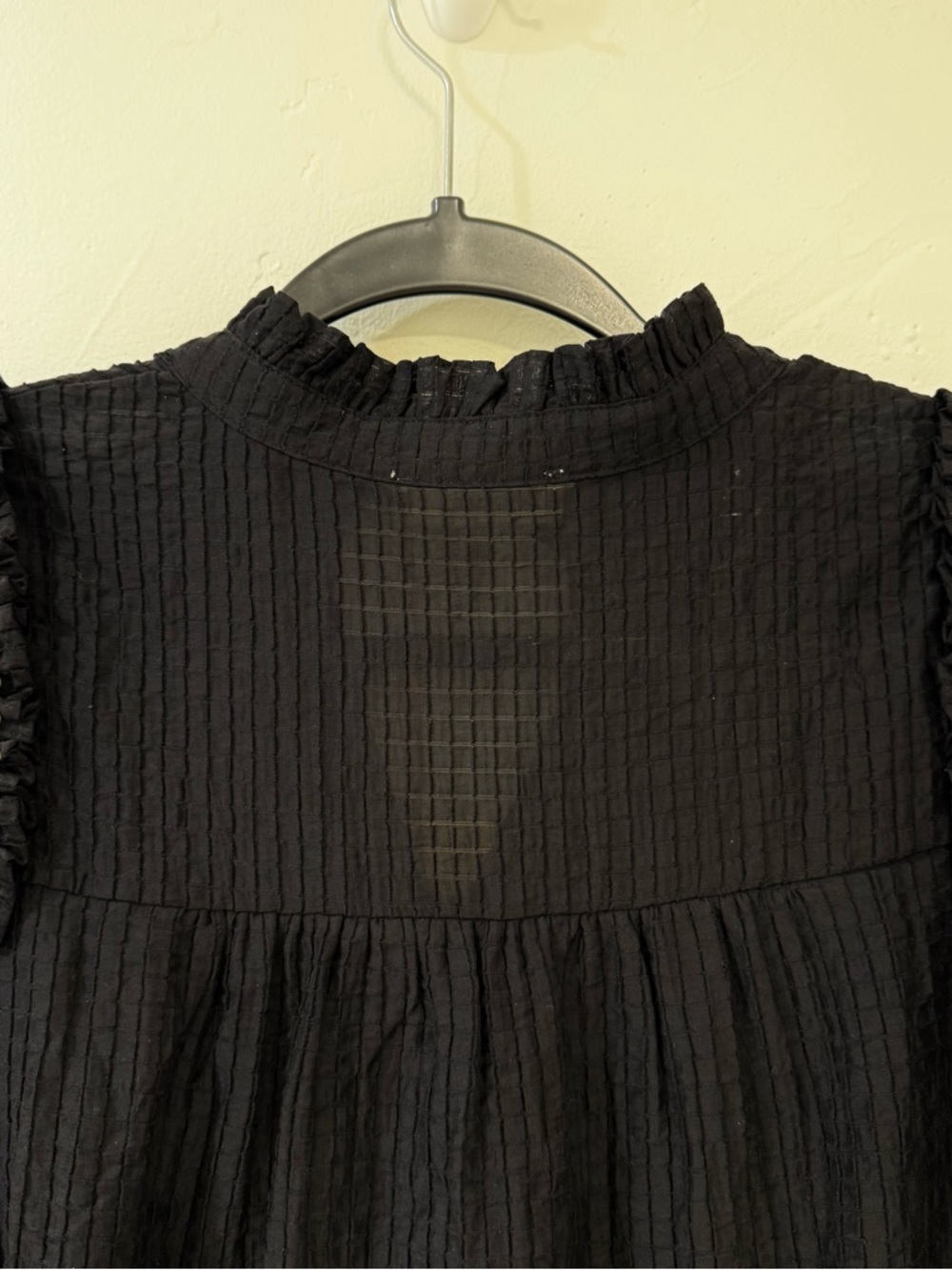 Feminine flowy top from Entro.  Black Ruffle Sleeve Blouse with Pearl Trim - Picture 3 of 14